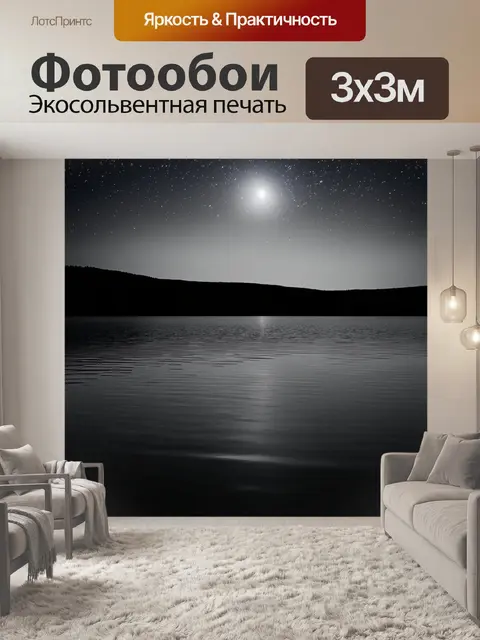 Фотообои озеро в черно-белом стиле, ночное небо с яркими звездами и лунным светом, падающим на воду