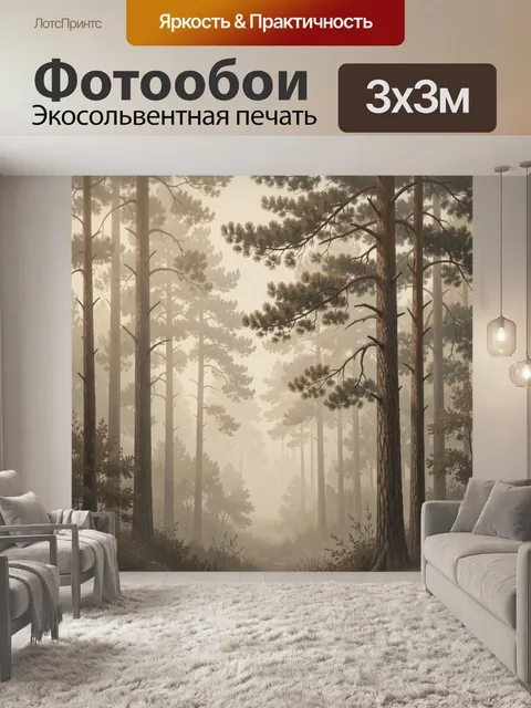 Фотообои Туманный сосновый лес утром
