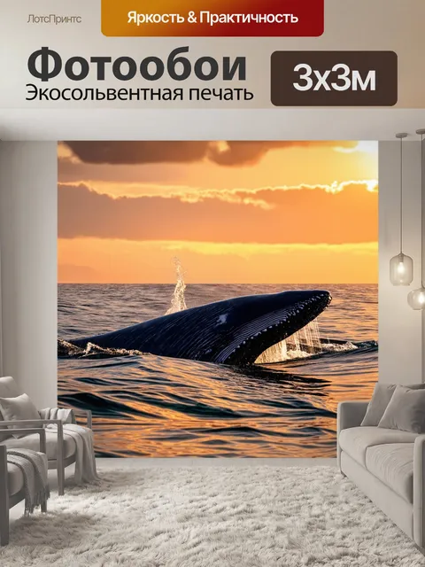 Фотообои киты, поднимающиеся к поверхности для вдоха на фоне заката
