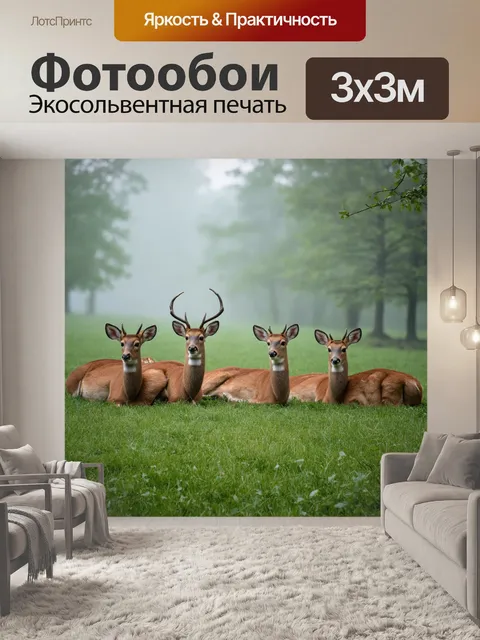 Фотообои утро: утренний туман легкостью окутывает стадо оленей, расположившееся на зелёной лужайке