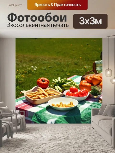 Фотообои приготовление закусок на пикнике, где свежие ингредиенты выставлены на расстеленной скатерти среди природы