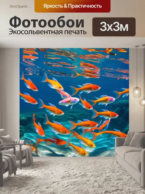 Фотообои стая ярких рыб, плавающих в мелководье, где отражение солнечного света создаёт игру теней и бликов
