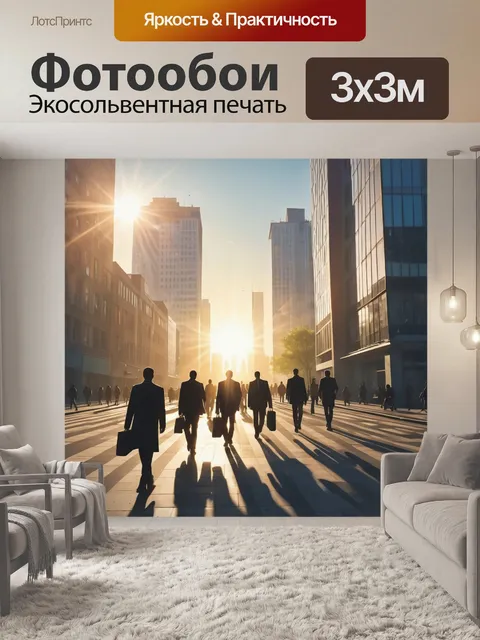 Фотообои город в стиле флэт, изображающими утренний пейзаж с людьми, идущими на работу, и солнечными лучами…