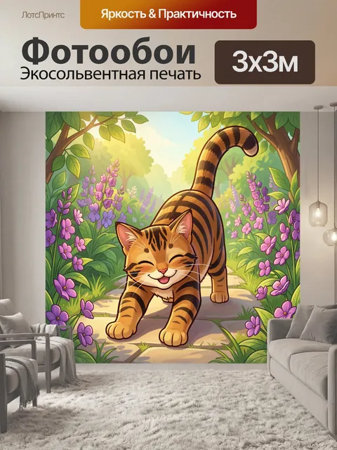 Фотообои Улыбающийся кот в цветущем саду