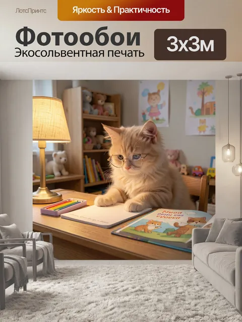 Фотообои Котенок в очках делает уроки