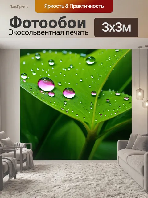 Фотообои розовая роса на зелёных листьях рано утром, освещённая мягким светом