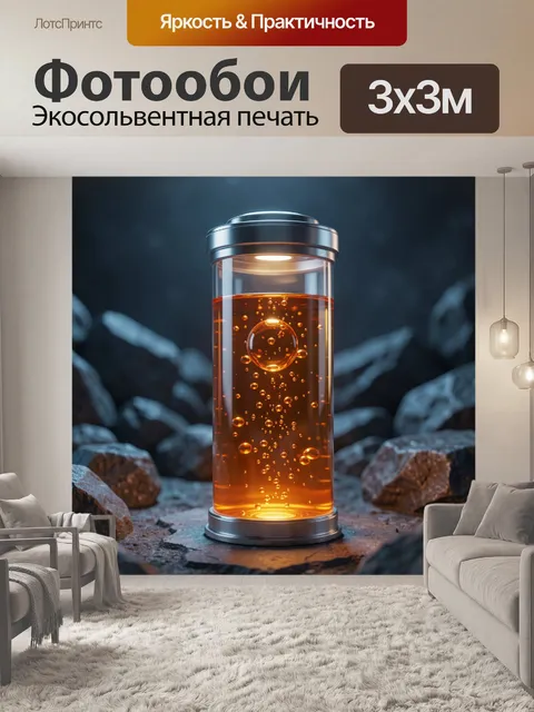 Фотообои Изображение представляет собой футуристическую прозрачную цилиндрическую емкость с металлической крышкой