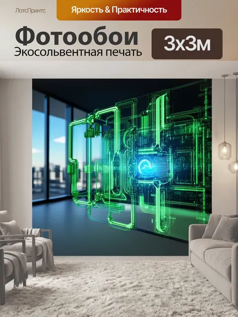 Фотообои механизм, созданный для анализа данных, расположенный в современной штаб-квартире с панорамными окнами и…