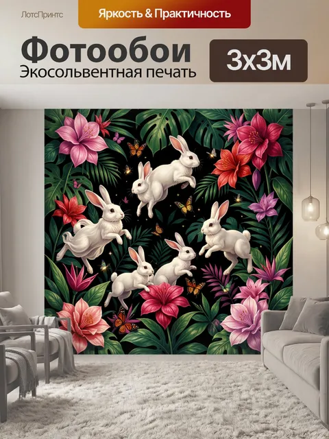 Фотообои Белые кролики среди тропических цветов