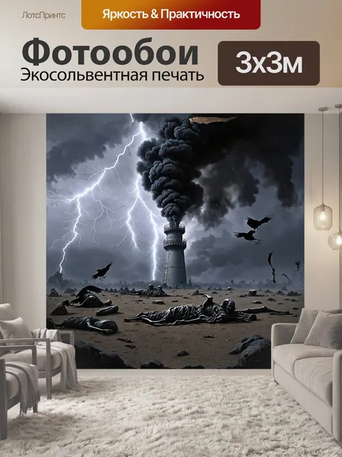 Фотообои зловещая башня, из которой вырываются клубы черного дыма, возвышается на фоне серых облаков и громыхающих…