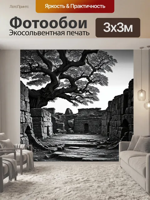 Фотообои черно-белый с изображением древних руин