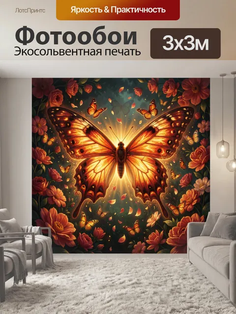 Фотообои Светящаяся бабочка среди цветов