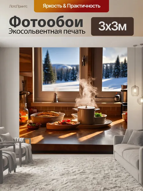 Фотообои уютная кухня у окна с паром от горячей пищи, где мягкий свет играет на фоне зимнего пейзажа