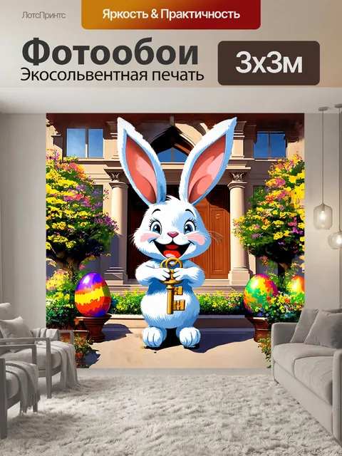 Фотообои пасхальный заяц, с яркими цветными яйцами, держит в своих лапках фантастический ключ от региональной…