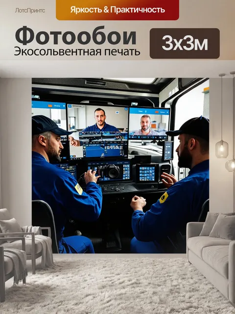 Фотообои грузовик в автосервисе, с видеокамерами и мониторами для наблюдения, механик на видео-конференции с клиентом