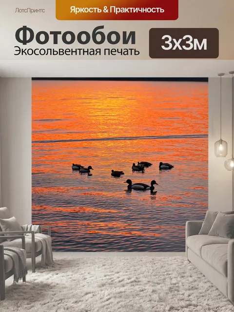 Фотообои закат на озере, спокойная поверхность воды, отражающая небо, группы уток скользят по воде, светлой лунной…