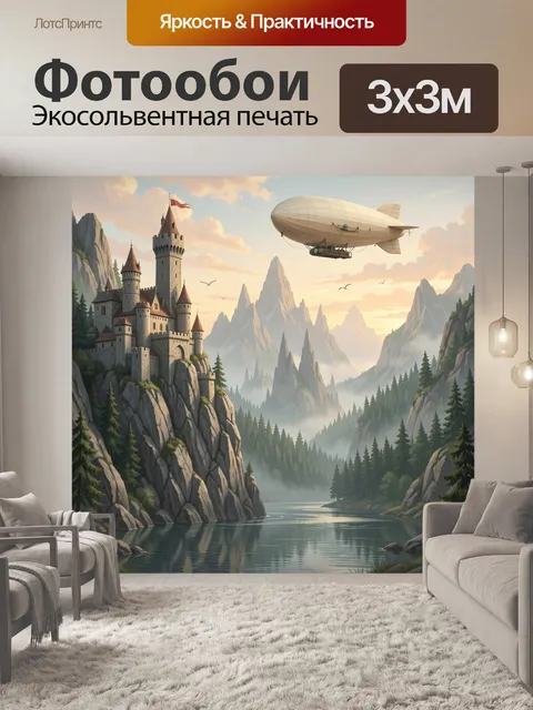 Фотообои Фэнтезийный замок и дирижабль