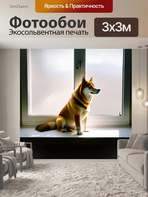 Фотообои тихая сцена сиба-ину, сидящей на подоконнике, в стилистике минимализма
