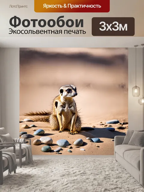 Фотообои сурикат, исследующий песчаную местность с маленькими камнями и колючками, его изогнутая поза говорит о…