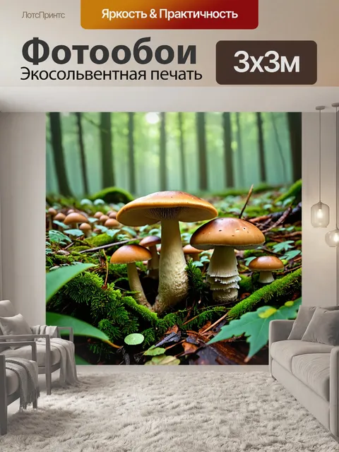 Фотообои грибы лес, густой зеленый подлесок с разнообразными грибами, мягкий свет пробивается сквозь листву, утренний…