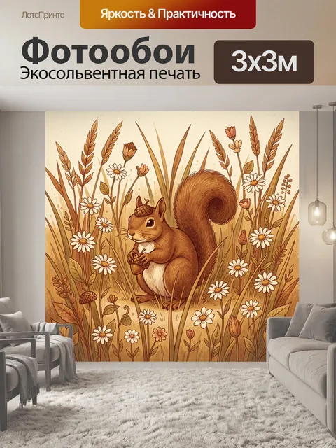Фотообои Белка в поле цветов и колосьев