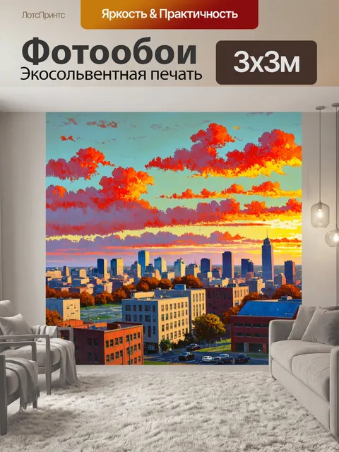 Фотообои город в стиле уинслоу гомер, с появлением рассвета, красными и оранжевыми цветами на небе