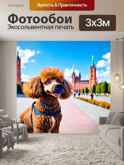 Фотообои пудель с камерой, делает селфи на фоне достопримечательности