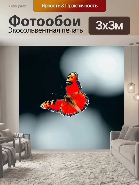 Фотообои темный фон, на котором пролетает красная бабочка, её крылья расцвечены яркими узорами, создавая эффект…
