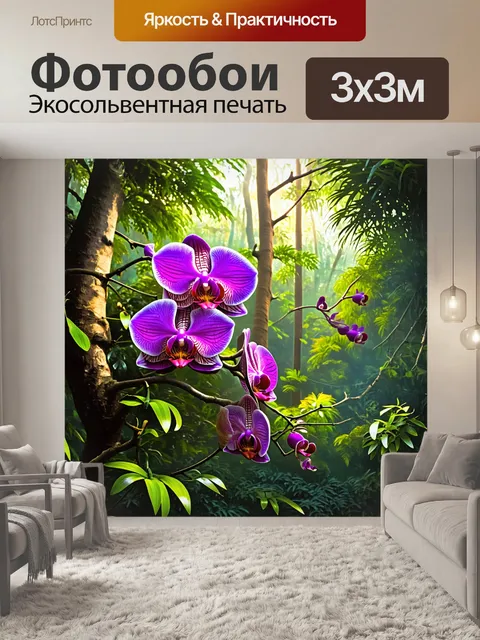 Фотообои фаленопсисы, растущие на ветвях деревьев в густом тропическом лесу, их фиолетовые цветы проникают сквозь…