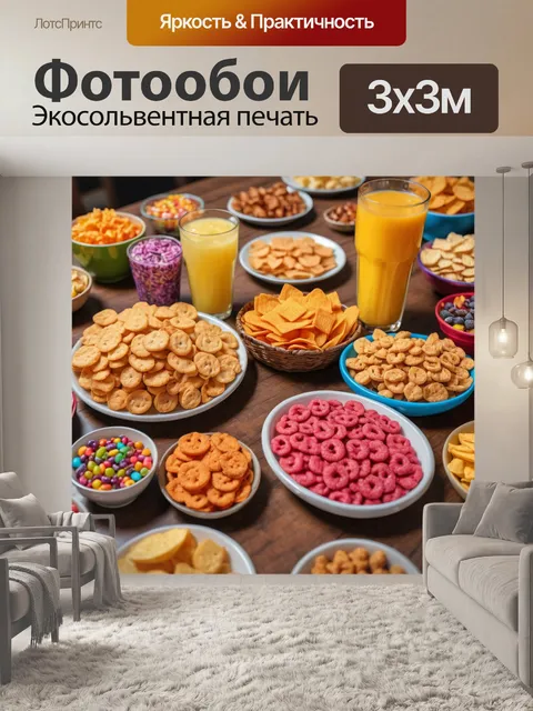 Фотообои с изображением ярких столов с закусками и напитками