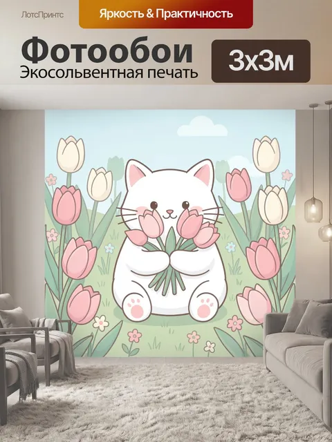 Фотообои Белый кот с тюльпанами