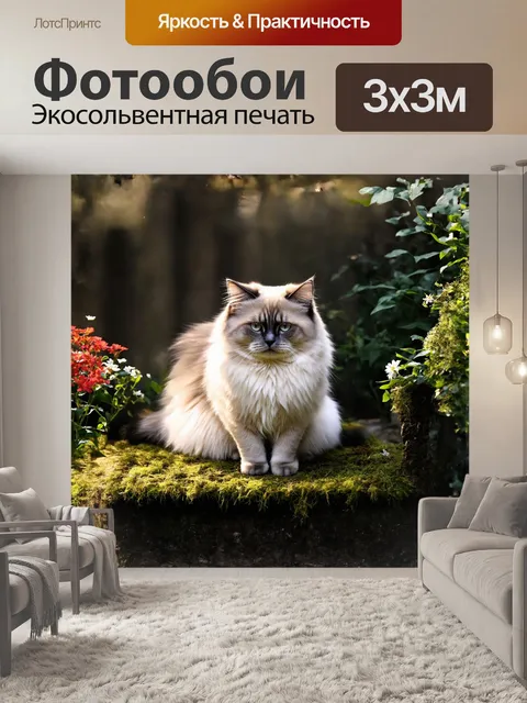 Фотообои в глубоком городе, утопающем в зелени, уютно устроился священный бирманский кот