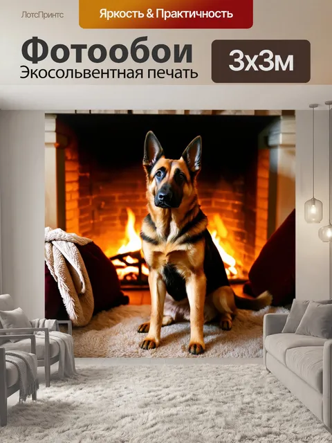 Фотообои немецкая овчарка, сидящая в уютной комнате у камина, окруженная мягкими подушками и уютными пледами