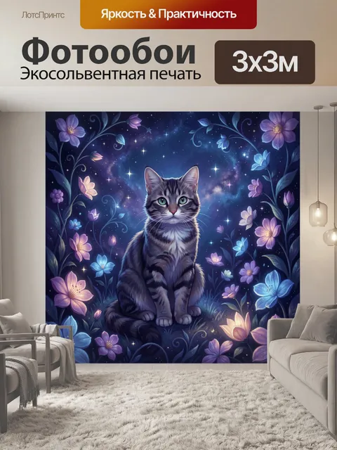 Фотообои Полосатый кот среди космических цветов