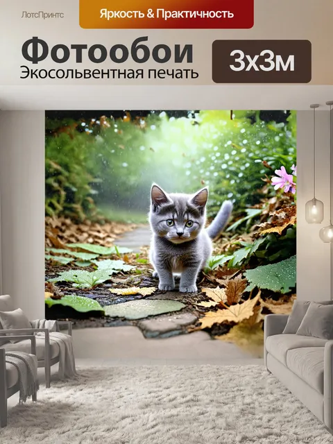 Фотообои британский котенок с серо-голубым мехом исследует заброшенный сад