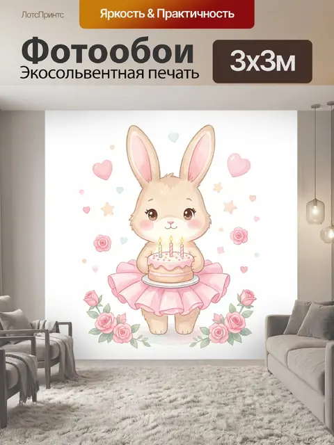 Фотообои Зайка в розовом платье с тортом