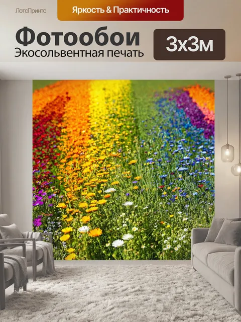 Фотообои поле с разнообразными дикими цветами и травами, напоминающее радугу на земле