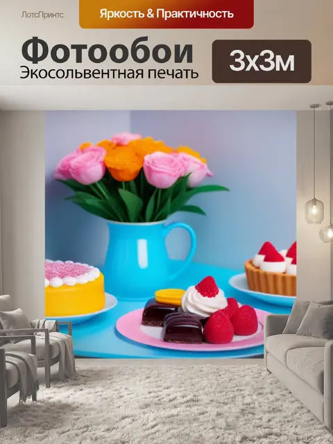 Фотообои уютный уголок с цветами и десертами