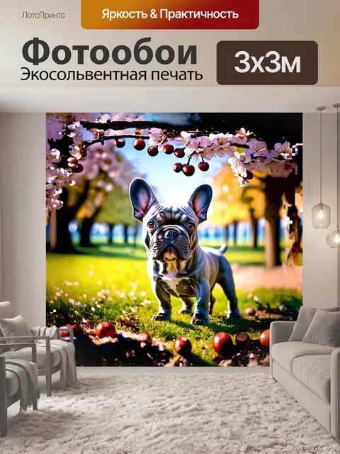 Фотообои на живописном фоне утреннего парижа стоит синий французский бульдог