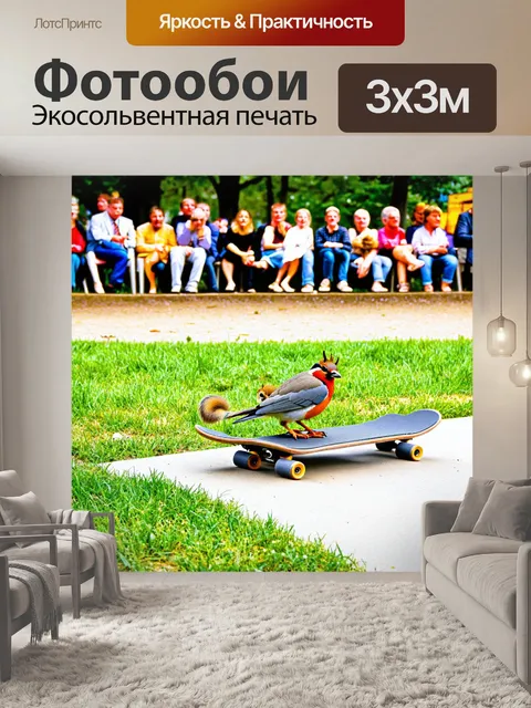 Фотообои птица и белочка, катающиеся на скейтборде по парку, окруженные зрителями из разных животных