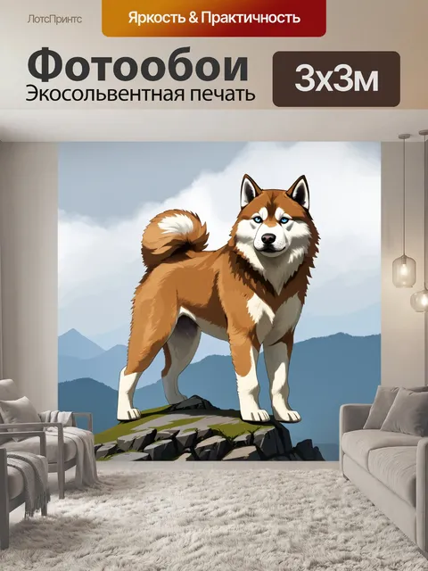 Фотообои акита-ину с мощным телосложением, стоящая на горной вершине, с пейзажем в тумане на заднем плане