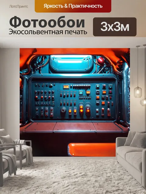 Фотообои детальная панель управления с множеством кнопок и рычагов в ретрофутуристическом стиле