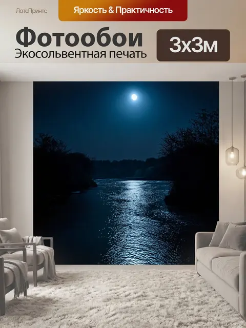 Фотообои лунный свет, отражающийся в тёмных водах реки, создающий волны таинственности и спокойствия