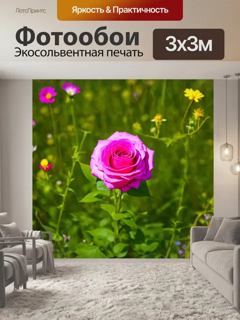 Фотообои полевые цветы с одной яркой розой в центре