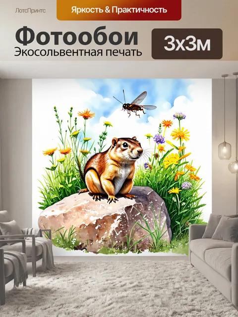 Фотообои суслик, сидящий на большом камне, окруженный яркими дикими цветами и зелеными растениями