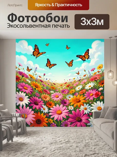 Фотообои Бабочки над цветущим лугом