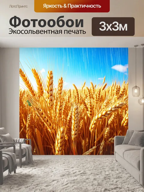 Фотообои бордюры пшеницы, обрамляющие нежное синее небо, создают атмосферу мира и спокойствия