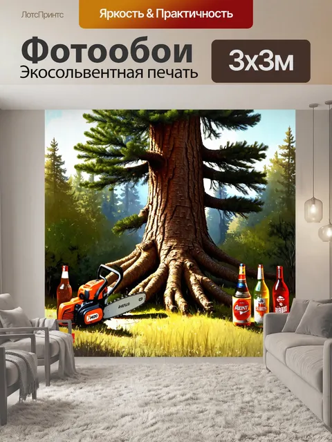 Фотообои огромная сосна с характерной текстурой коры стоит на переднем плане
