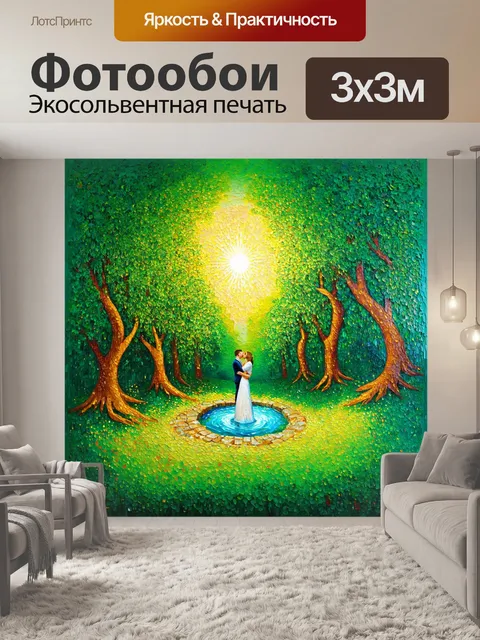 Фотообои в сердце зелёного леса стоит колодец, украшенный фресками, вдохновленными "поцелуем" климта
