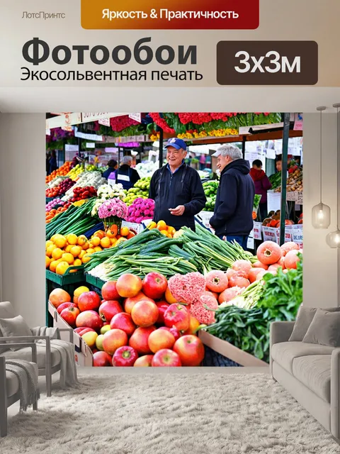 Фотообои весна: утренний рынок с цветами, фрукты и овощи, запах свежей еды, улыбки продавцов и покупателей